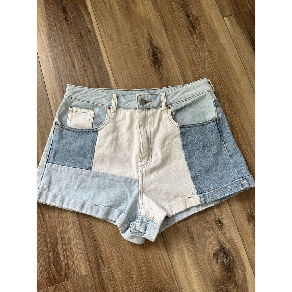 PACSUN Women’s Patchwork High Waist Multi Blue Denim Mom Shorts Size 29